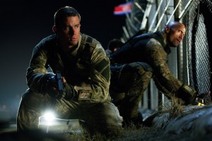 Above, Channing Tatum, left, as Duke and Dwayne Johnson as Roadblock in a scene from the film, "G.I. Joe: Retaliation," from Paramount Pictures, MGM and Skydance Productions. (Photo credit: AP photo by Paramount Pictures, Jaimie Trueblood)